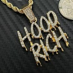 New Hip Hop Bling Dripping Pendant "Hood Rich" With A Gold-Tone 24 Inch Rope Chain. Bling Pave Glitz Shine Diamond Look Money $ Hood Rich, Hip Hop Bling, Nike Fashion Shoes, School Middle School, Sterling Silver Bead Bracelet, Gold Rope Chains, Red Diamond, Mens Leather Bracelet, Mens Beaded Bracelets