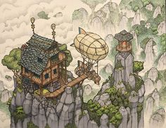 a drawing of a house on top of a mountain with a hot air balloon flying over it