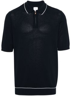 navy blue cotton knitted construction contrasting trim polo collar short sleeves ribbed cuffs and hem straight hem concealed half front zip fastening Knitted Polo Shirt, Button Down Polo, Zip Polo, Knitted Polo, Contrasting Trim, Shirt Cuff, Polo Shirt White, Number 7, Cotton Polo Shirt