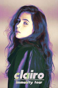 a woman with long dark hair wearing a black leather jacket and the words clairo in front of her