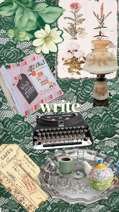 an old typewriter sitting on top of a table next to papers and other items