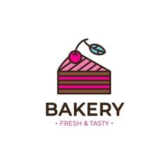 the logo for bakery fresh and tasty, with a piece of cake on top