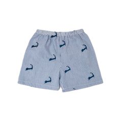 Blue and white striped seersucker shorts with navy embroidered Cape Cods. Elastic waist, back pocket. Cotton Playtime Shorts, Playful Striped Shorts For Summer, Spring Cotton Swim Trunks For Playwear, Cotton Swim Trunks For Summer Playwear, Summer Cotton Swim Trunks For Playwear, Playful Striped Summer Shorts, Cotton Shorts For Playtime, Spring Casual Cotton Swim Trunks, Playful Blue Cotton Pajama Shorts