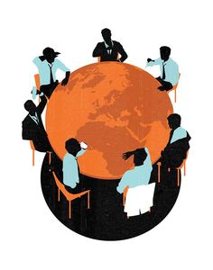 people are sitting around the world on chairs and one person is holding an orange globe