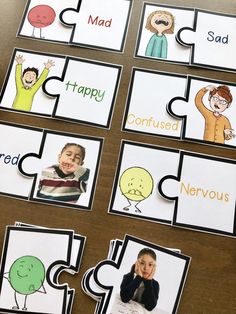 four different cards with pictures of people and words that spell out the word mad, happy, confused, nervous