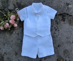 Boys Christening outfit, white linen shorts vest outfit. Toddler wedding suit. Ring bearer linen suit. Baptism outfit boys. Special occasion Toddler Wedding Outfit Boy, Boys Wedding Outfit, White Linen Shorts, Wedding Outfit For Boys, Boy Christening Outfit, Outfit For Boys, Boy Baptism Outfit, Toddler Vest