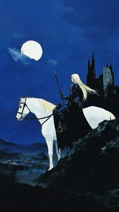 a woman riding on the back of a white horse next to a castle at night