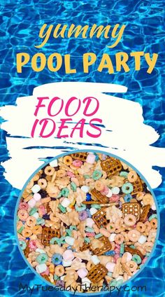 a bowl full of cereal sitting on top of a blue pool with the words yummy pool party