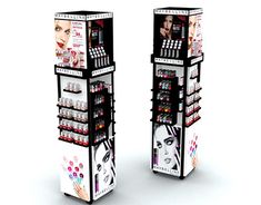 two display cases with makeup products on them