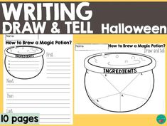 a halloween writing and drawing activity with the words, how to draw and tell on it