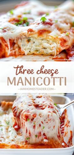 three cheese manicotti casserole in a white dish