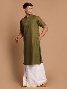 VASTRAMAY Men's Olive Green Cotton Kurta And Mundu Set Elegant and comfortable, this Olive Green Cotton Kurta And Mundu Set from VASTRAMAY is a perfect blend of tradition and style. The kurta features a classic design with a mandarin collar and full sleeves, while the mundu adds a traditional touch. Perfect for festive occasions or casual outings, this set is sure to make you stand out. Features: Made from high-quality cotton for comfort Classic design with a mandarin collar and full sleeves Com Kurta Casual Outfit, Kurta Casual, Kurta Designs Men's, Men Kurta, Cotton Kurta, Kurta Designs, Hot Outfits, Full Sleeves, Mens Casual Outfits