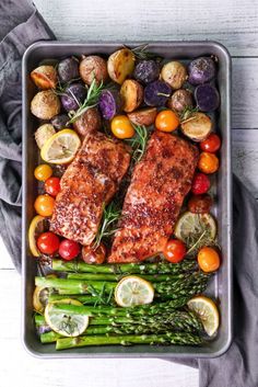 salmon, asparagus, and potatoes in a roasting pan