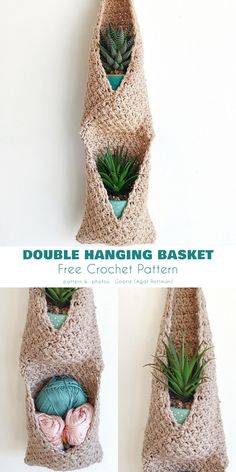 three photos of a crochet hanging basket with two balls of yarn and succulents in it