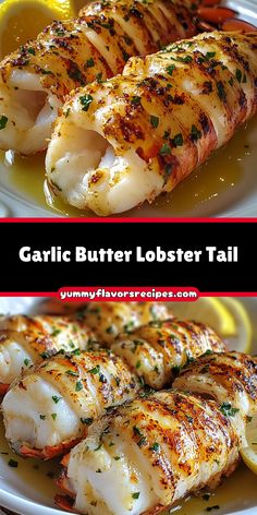 garlic butter lobster tail on a plate with lemon wedges