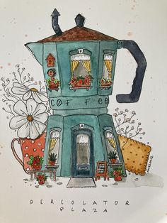 a drawing of a coffee house with flowers and potted plants