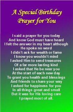 a special birthday prayer for you with an image of the words in purple and green