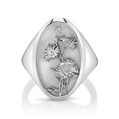 DESCRIPTION The April Birth Flower Signet Ring features the daisy, which symbolizes purity, innocence, and true love. Shaped like a vintage saint charm with a detailed relief carving and dainty diamond, this statement ring is handmade with love in Los Angeles. Show love to an April baby (or yourself!) with this perfect addition to your everyday collection. Note that this piece is handmade to order. Please allow for a 3-4 week lead time as we craft this special ring. Due to the custom nature of t Classic 14k Stamped Flower Ring For Anniversary, Elegant Signet Ring With Birth Flower For Anniversary, Elegant Anniversary Signet Ring With Birth Flower, Vintage Birth Flower Rings For Anniversary, Oval Engraved Flower Ring For Anniversary, Heirloom 14k Flower Ring For Anniversary, Flower Shaped Hallmarked Rings For Anniversary, Heirloom White Gold Flower Ring For Anniversary, Flower Shaped Hallmarked Anniversary Ring