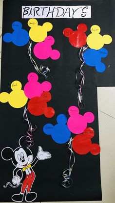 a mickey mouse birthday card with balloons attached to it