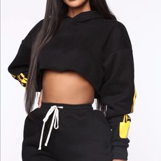 Cropped Black - Thick Material Long Sleeve Brand New Black Hip Hop Top With Drawstring Hood, Trendy Black Top With Drawstring Hood, Black Hoodie Tops For Loungewear, Black Drawstring Hood Top For Loungewear, Jodie Joe, Black Flames, Fire Hoodie, Graphic Tee Style, Fashion Nova Outfits