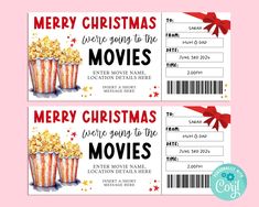 two christmas movie tickets with the words merry christmas movies on them and a red bow