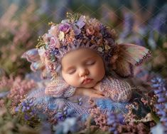 a baby is sleeping in the middle of purple flowers and butterflies on it's head