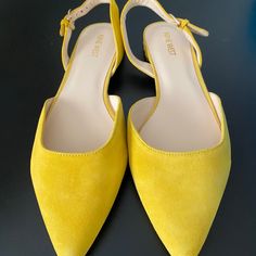 Brand New Nine West Sling Back Flats, Pointed Toe With Gold Hardware. Adjustable Straps. Yellow Pointed Toe Slingback Pumps For Summer, Yellow Pointed Toe Slingback Pumps For Spring, Yellow Ankle Strap Slingback Pumps For Spring, Yellow Low Heel Casual Heels, Casual Yellow Low Heel Shoes, Casual Yellow Low Heel Heels, Casual Yellow Sandals With Pointed Toe, Spring Yellow Slingback Pumps, Chic Yellow Slingback Pumps For Summer