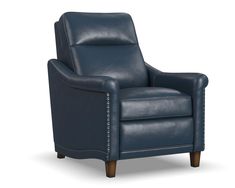 a blue leather recliner chair with wooden legs