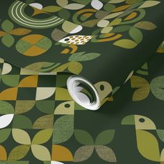 a green and gold wallpaper with birds on it