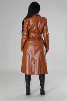 Baddest Hottie Around Coat – GitiOnline Casual Single-breasted Faux Leather Outerwear, Chic Faux Leather Outerwear With Snap Buttons, Trendy Fitted Faux Leather Outerwear, Fitted Faux Leather Long Coat, Fitted Long Faux Leather Coat, Fitted Long Coat In Faux Leather, Trendy Single-breasted Faux Leather Outerwear, Solid Faux Leather Outerwear With Button Closure, Brown Faux Leather Outerwear For Work