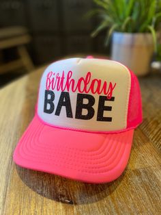 Lets get the party started with a BIRTHDAY BABE Trucker Hat! Details: 5 Panel hat with mesh back panels and an adjustable snap back. Summer Party Trucker Hat, Pink Mini Baseball Cap For Parties, Pink Baseball Cap Mini Hats For Party, Fun Party Snapback Baseball Cap, Fun Snapback Baseball Cap For Parties, Fun Summer Party Trucker Hat, Casual Snapback Party Hat, Trendy Pink Hat For Birthday, Party Trucker Hat Baseball Cap Adjustable