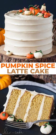 pumpkin spice layer cake with white frosting on a black platter and in the background there is a slice being taken out of it