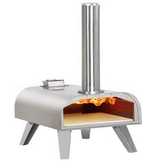 an outdoor pizza oven is shown with the door open and flames coming out from it