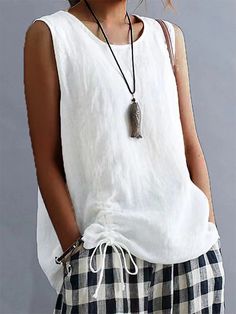 Loose Summer Plain Sleeveless Tank Top Linen Tank Top, Casual Tanks, Linen Tank, Traje Casual, Summer Linen, Linnet, Linen Clothes, Sleeveless Tank Top, Sleeveless Tank