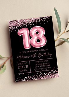 "Editable 18th birthday invitation perfect for your next birthday party or birthday dinner. This pink and black invitation can be edited yourself using Canva. If you choose to print yourself the print size is 5x7 and can be printed on cardstock invitation paper. You can also have the completed file taken to your local print shop and have them print. Can also be saved as an image to use as a text invitation or email invitation. All the wording is editable. Details:  pink and black invitation with pink \"18\" balloon design. Please reach out for different age.  HOW IT WORKS: ♥ Once purchased, you will receive a link that will take you to Canva.com where you will be able to edit the template. You will be able to edit wording, font, and font size, Save your template and download. You can use t Pink And Black Birthday Invitations, Pink And Black Invitations, Pink And Black Birthday Theme, Barbie 18th Birthday Party, Invitation Card Design 18th Birthday, Invitation Birthday 18th, 18th Birthday Invitation Ideas, Pink And Black Birthday Party Decoration, Pink And Black Party Theme