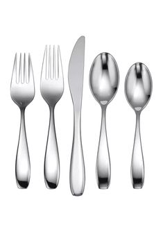 an assortment of silverware including forks, knives and spoons on a white background