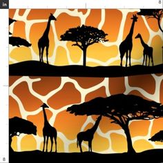 giraffes and trees are silhouetted against an orange background