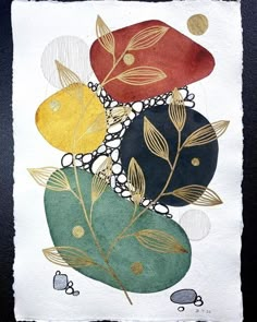 a painting with different colors and shapes on it's paper, including leaves and dots