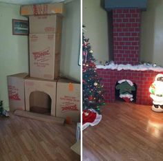 there is a cardboard box on the floor next to a christmas tree and a fireplace