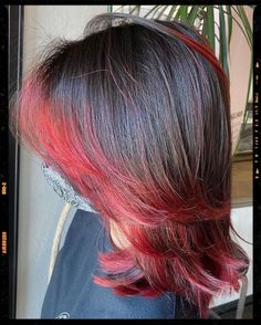 Wolf Cut Hair Red Hair Streaks, Red Hair Tips, Dyed Tips, Hair Dye Tips, Red Hair Inspo, Peekaboo Hair, Dyed Red Hair, Hair Streaks, Dyed Hair Inspiration