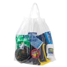 a clear plastic bag filled with assorted items