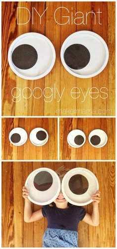 a girl holding up two plates with googly eyes on them and the words googly eyes above it