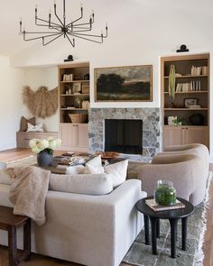 a living room filled with furniture and a fire place