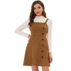 Allegra K Women's Faux Suede Button Decor A-Line Mini Overall Dress Dress With Trainers, Faux Suede Dress, Button Decor, Elegant Feminine, Faux Suede Fabric, Suede Dress, Knitted Tops, Overall Dress, Womens Clothing Sizes