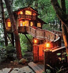 a tree house in the woods with stairs leading up to it