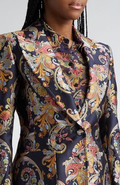 Signature paisley designs swirl across this sharp-shouldered satin blazer designed with peaked lapels and a clean back vent. 27" length (size 38IT) Two-button closure Peaked lapels Front patch pockets Back vent 100% polyester Dry clean Made in Italy Designer Clothing Multicolor Long Sleeve Outerwear With Paisley Print, Luxury Women's Paisley Print Outerwear, Multicolor Silk Scarf With Paisley Print, Elegant Single-breasted Jacquard Blazer, Tailored Jacquard Single-breasted Blazer, Satin Blazer, Blazer Designs, Paisley Design, Swirl