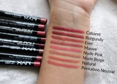 NYX Professional Makeup Slim Lip PencilReview and Swatches Check more at s://makeup.servisw.com/nyx-professional-makeup-slim-lip-pencil-review-and-swatches/ Nyx Lingerie Swatches, Nyx Lip Liner Swatches, Nyx Soft Matte Lip Cream Swatches, Nyx Cosmetics Lipstick, Nyx Swatches, Nyx Lip Cream, Nyx Slim Lip Pencil, Nyx Eyeliner