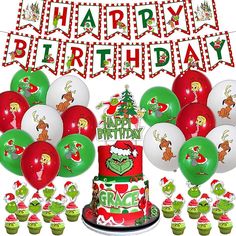 a birthday cake surrounded by cupcakes, balloons and other holiday themed decorations with the words happy birthday on it