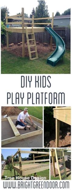 the diy kids play platform is made out of wood and has a slide in it