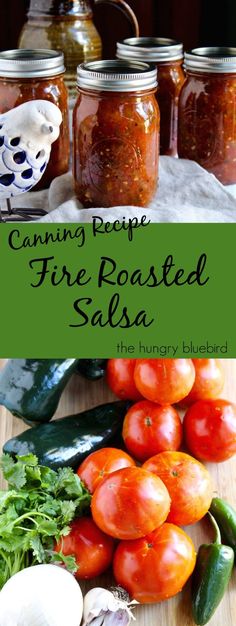 canned fire roasted salsa in mason jars and fresh vegetables